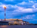 11.06.2019 Russia. Krasnoyarsk. Hvorostovsky airport. Night view of the new terminal Royalty Free Stock Photo