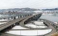 Russia, Krasnoyarsk, March 2021: road and railway bridge over the Yenisei River Royalty Free Stock Photo