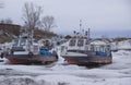 Winter Parking of river boats. Royalty Free Stock Photo
