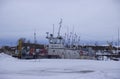 Winter Parking of river boats. Royalty Free Stock Photo