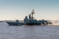 Small rocket ship Chuvashia, project 1241 passes near Kronstadt during the rehearsal of the parade of the Navy. July 17