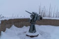 Russia. Kronstadt. February 13, 2021. 45-mm cannon on the REEF fort in the western part of the island of Kotlin