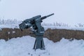 Russia. Kronstadt. February 13, 2021. 45-mm cannon on the REEF fort in the western part of the island of Kotlin