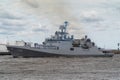 The Indian Navy frigate Tabar passes near Kronstadt during the naval parade on July 25, 2021