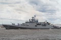 The Indian Navy frigate Tabar passes near Kronstadt during the naval parade on July 25, 2021