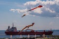 Russia. June 6, 2021. Aerial flying figures on Fort Constantine during the Kronstadt Sail Festival