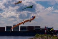 Russia. June 6, 2021. Aerial flying figures on Fort Constantine during the Kronstadt Sail Festival