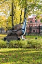 Russia, Kronstadt, September 2020. The lowered St. Andrew`s flag on the monument to the dead sailors.