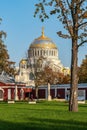 Russia, Kronstadt, September 2020. View of the Naval Cathedral from the historical park.