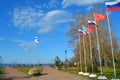 Russia,Kronstadt,07.05.2022.Square in Kronstadt at the Coastal harbor with flags overlooking the Gulf of Finland
