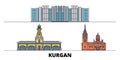 Russia, Kurgan flat landmarks vector illustration. Russia, Kurgan line city with famous travel sights, skyline, design.