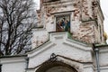 Russia, Leningrad region, December 2021. The icon of the Holy Trinity on the pediment of the church.