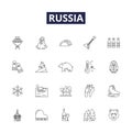 Russia line vector icons and signs. Moscow, USSR, Kremlin, Sputnik, Czarist, cold war, Siberia, Soviet outline vector