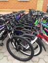 Russia, Lipetsk - 16.04.2022. Bicycle shop, rows of new bikes.