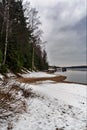 Russia, Lodeinoe Pole, December 2020. Snow-covered bank of the Svir river.