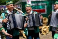 Russia, Magnitogorsk, - June, 15, 2019. Musicians - accordionists, participants in a street parade during Sabantuy - a national