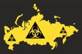 Russia map with biohazard virus sign in black and yellow