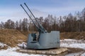 Russia. March 14, 2021. 57-mm. ZIF-31 twin anti-aircraft ship artillery system in the Patriot Park in Kronstadt.