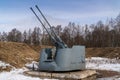 Russia. March 14, 2021. 57-mm. ZIF-31 twin anti-aircraft ship artillery system in the Patriot Park in Kronstadt.