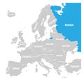 Russia marked by blue in grey political map of Europe. Vector illustration