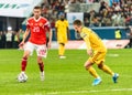 Russia midfielder Aleksei Ionov and Belgium winger Thorgan Hazard during UEFA Euro 2020 qualification match Russia vs Belgium 1-4