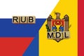 Russia and Moldova currencies codes on national flags background