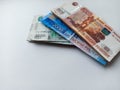 Russia money background. Heap of rubble banknotes. Currency top view. Money background with close up of russian Ruble. Economic, f