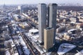 Russia, Moscow, 2022: aerial drone view of skyscrapers near Dmitrovskaya