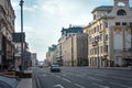 Russia, Moscow, April 2020. Empty streets of the city. Quarantine in Moscow. Rare passers-by, a small number of cars on the road.