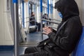 Russia, Moscow, April 2020. An empty subway car. Quarantine in Moscow. People in disposable masks