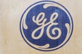 Russia, Moscow April 21, 2021: General Electric logo on a wooden shipping crate with turbine parts Royalty Free Stock Photo