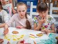 Russia, Moscow 26 april, 2019: Master class on Manezhnaya Square for children on Easter. Preschool children at a master