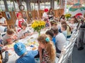 Russia, Moscow 26 april, 2019: Master class on Manezhnaya Square for children on Easter. Preschool children at a master