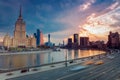 RUSSIA, MOSCOW - 30 april, 2018: View on river, hotel Ukraina, Moscow City and World Trade Catner