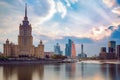 RUSSIA, MOSCOW - 30 april, 2018: View on river, hotel Ukraina, Moscow City and World Trade Catner