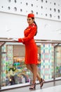 RUSSIA, MOSCOW: 01 AUGUST 2019. Beautiful stewardess dressed in official red uniform Aeroflot Airlines