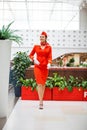 RUSSIA, MOSCOW: 01 AUGUST 2019. Beautiful stewardess dressed in official red uniform Aeroflot Airlines