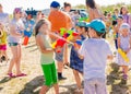 Russia. Moscow. August 11, 2018 Children playing outdoors with water cannons on a beautiful sunny day