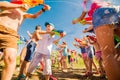 Russia. Moscow. August 11, 2018 Children playing outdoors with water cannons on a beautiful sunny day