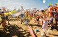 Russia. Moscow. August 11, 2018 Children playing outdoors with water cannons on a beautiful sunny day