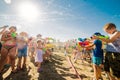 Russia. Moscow. August 11, 2018 Children playing outdoors with water cannons on a beautiful sunny day