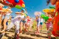 Russia. Moscow. August 11, 2018 Children playing outdoors with water cannons on a beautiful sunny day