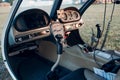 RUSSIA, MOSCOW - AUGUST 1, 2020: Cockpit view from small private single motor airplane Royalty Free Stock Photo