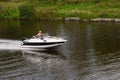 Russia, Moscow August 2018. Small high-speed boat sails on the river channel of Moscow