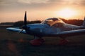 RUSSIA, MOSCOW - AUGUST 1, 2020: Small private single engine propeller airplane at sunset regional airport Royalty Free Stock Photo