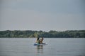 Russia, Moscow - August 2022. Stand up paddle dog. Young woman paddling in lake sitting on inflatable SUP board with German Royalty Free Stock Photo