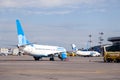 Russia Moscow 2019-06-17 Boeing 737 Pobeda Airlines russian company lowcost price arrived to airport, standing on airplane parking Royalty Free Stock Photo