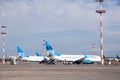 Russia Moscow 2019-06-17 Boeing 737 Pobeda Airlines russian company lowcost price arrived to airport, standing on airplane parking Royalty Free Stock Photo