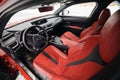 Russia, Moscow - February 05, 2020: Leather Interior of Red premium crossover hatchback Lexus UX 250h hubrid