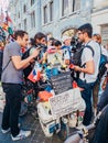 Russia, Moscow, FIFA World Cup: June 15, 2018 . Journalists interviewed by the traveler Matthias Amaya, who overcame